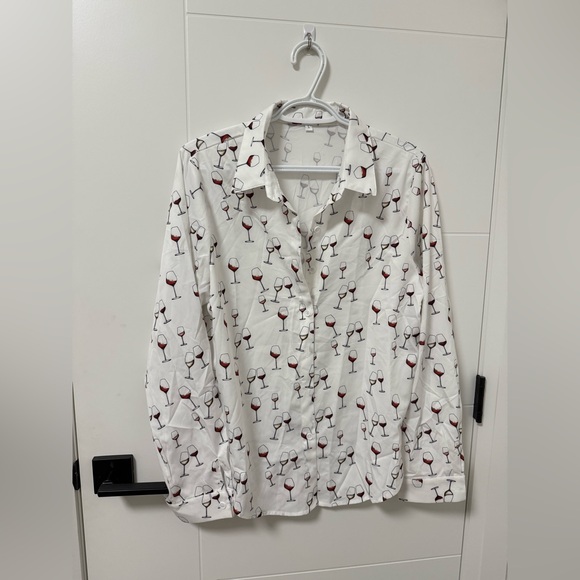 Tops - White Wine Glass Print Ladies button up blouse shirt